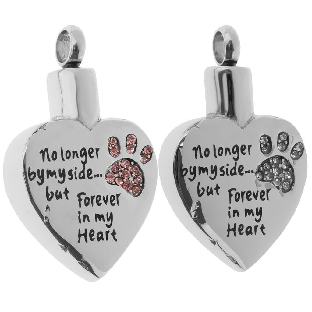 Heart with Clear Crystal Paw Print Pendant Pet Ashes Urn Memorial Jewelry