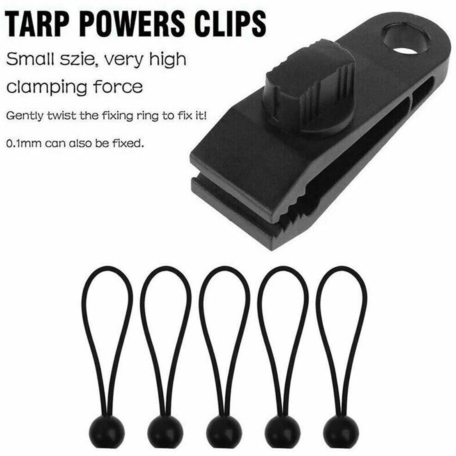 10Pcs Set 5 Reusable Tent Tarp Tarpaulin Clip Clamp Buckle 5 Bungee Cord Heavy
