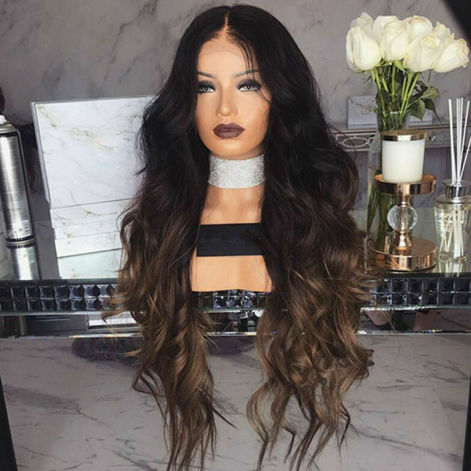 Stylish Long Wavy Wigs Black Brown Ombre Synthetic Full Curly Hair For Women