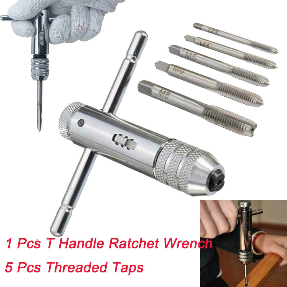5pcs T-handle Screw Tap Ratchet Taps with Spanner Wrench Drift Holder Tool Set