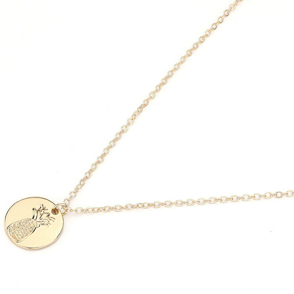 Cricle Disc Pendant Necklace Engraved Pineapple Design Sweater Necklace