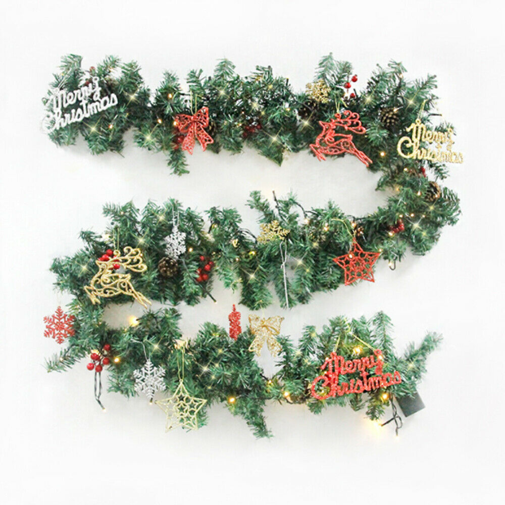 2.7m LED Rattan Garland Snow Flower Green Artificial Xmas Tree Vine Decorative