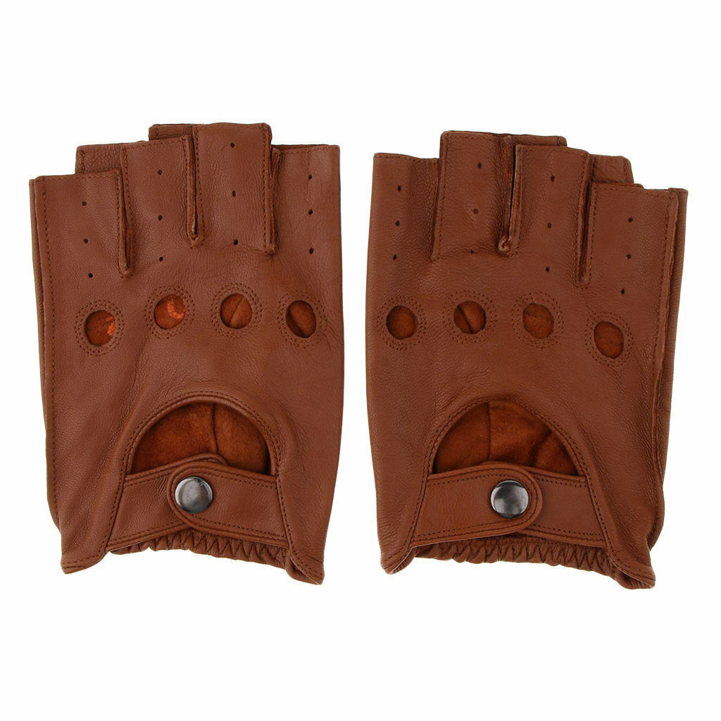 Retro PU Leather Men Fingerless Driving - Brown Button, L