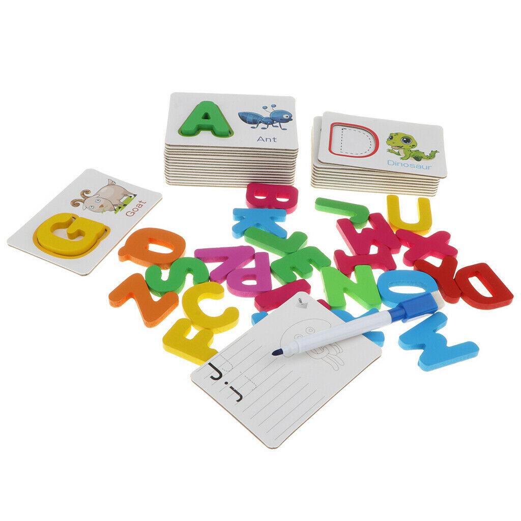 Kids Baby Preschool Wooden 26 ABC Alphabet Letters Learning Cards Color Shape