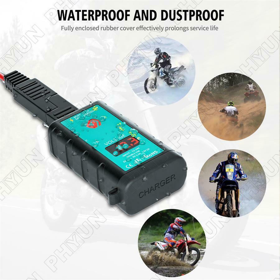 Motorcycle Scooter Dual USB Fast Charger w/ Voltmeter Power Switch SAE Socket