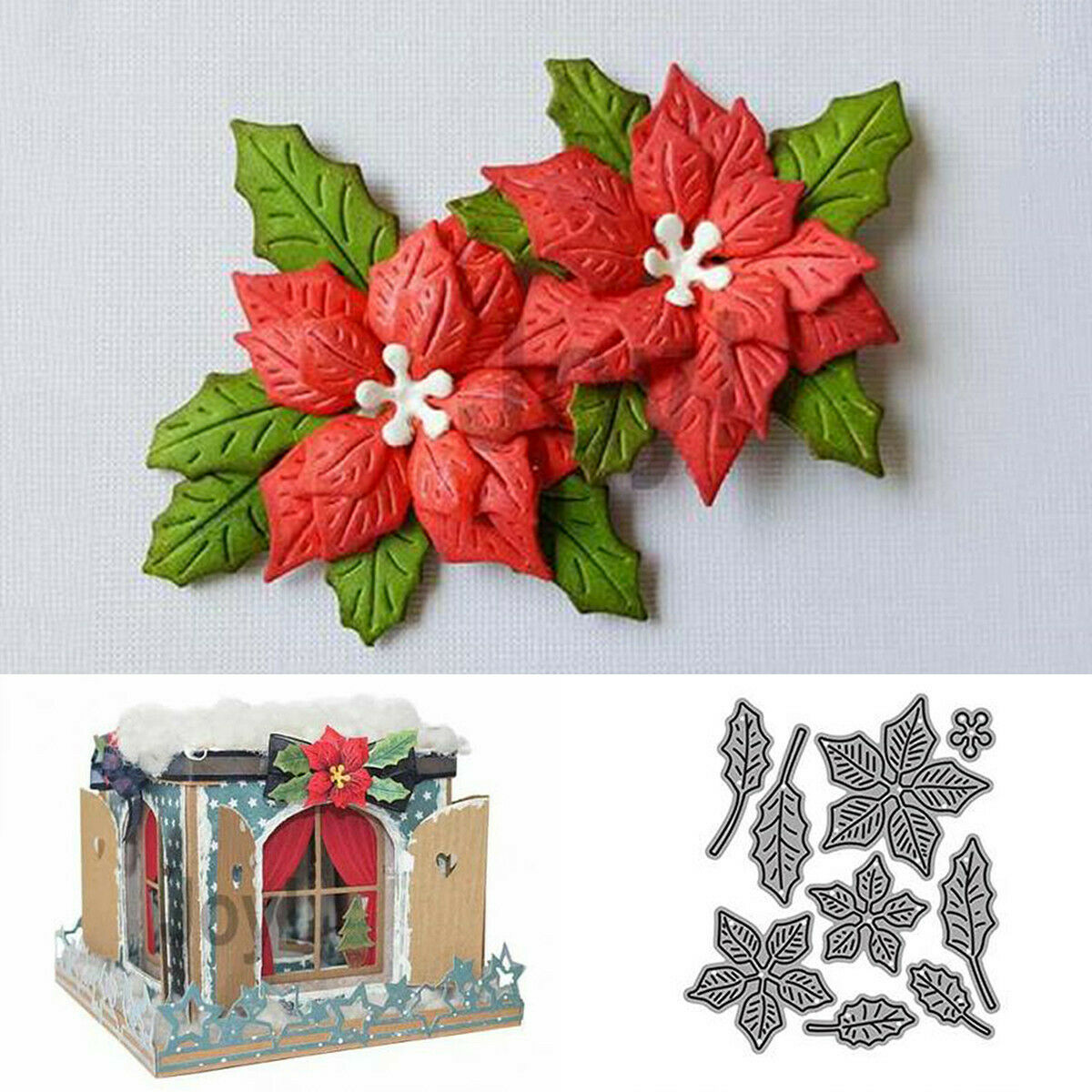 Christmas Greetings Poinsettia Flower Metal Cutting Dies Embossing Scrapbooking