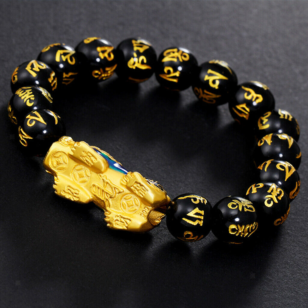Feng Shui Black Obsidian Pixiu Charms Bracelet Jewelry Elastic Black