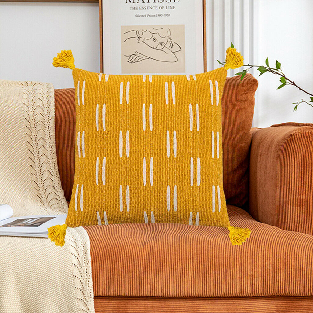 Soft Pillow Cover Tassels Invisible Zipper Living Room Couch Yellow Square