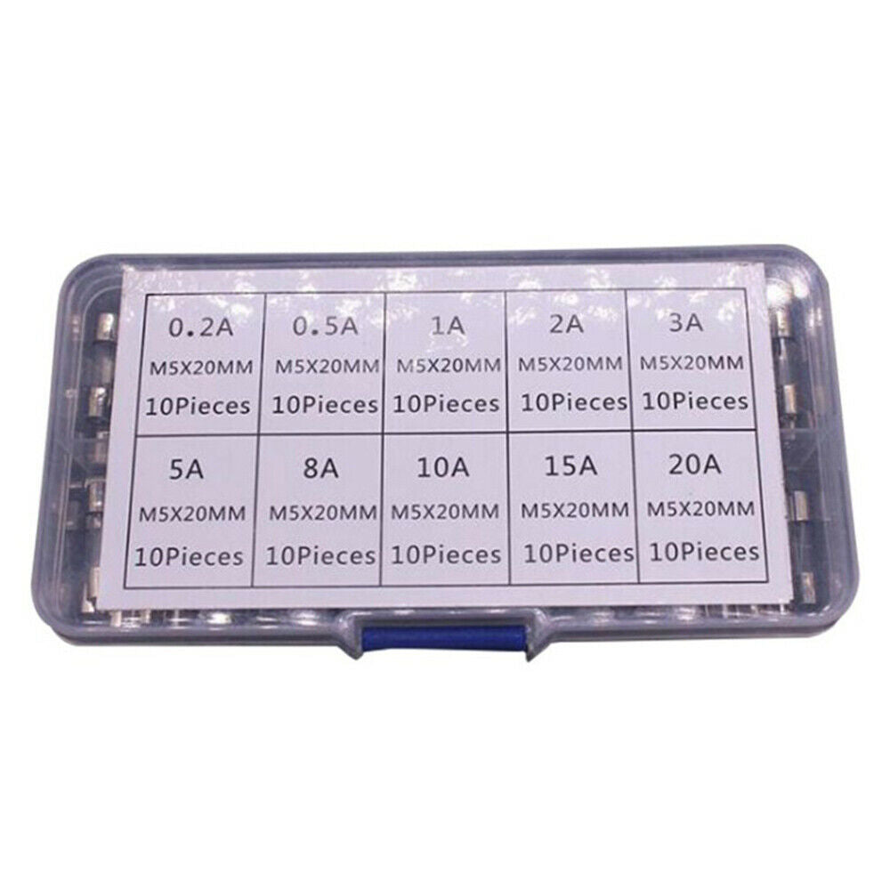 100Pcs/Box 0.2A-20A 5x20mm Fuse Kits DIY Quick Blow Glass Tube Fuses Kit