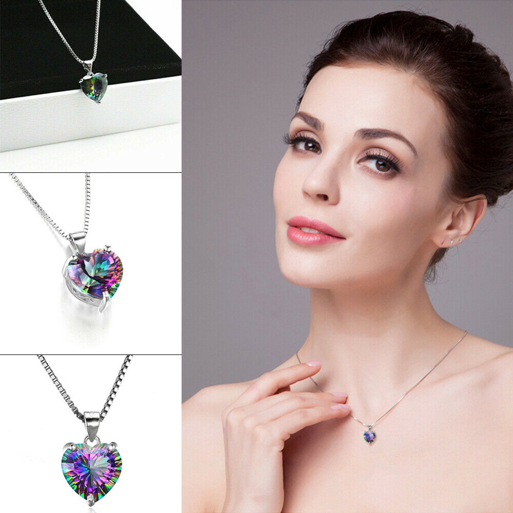 Rainbow Crystal Love Heart Angel Wings Pendant Women Necklace Jewelry Gift UK