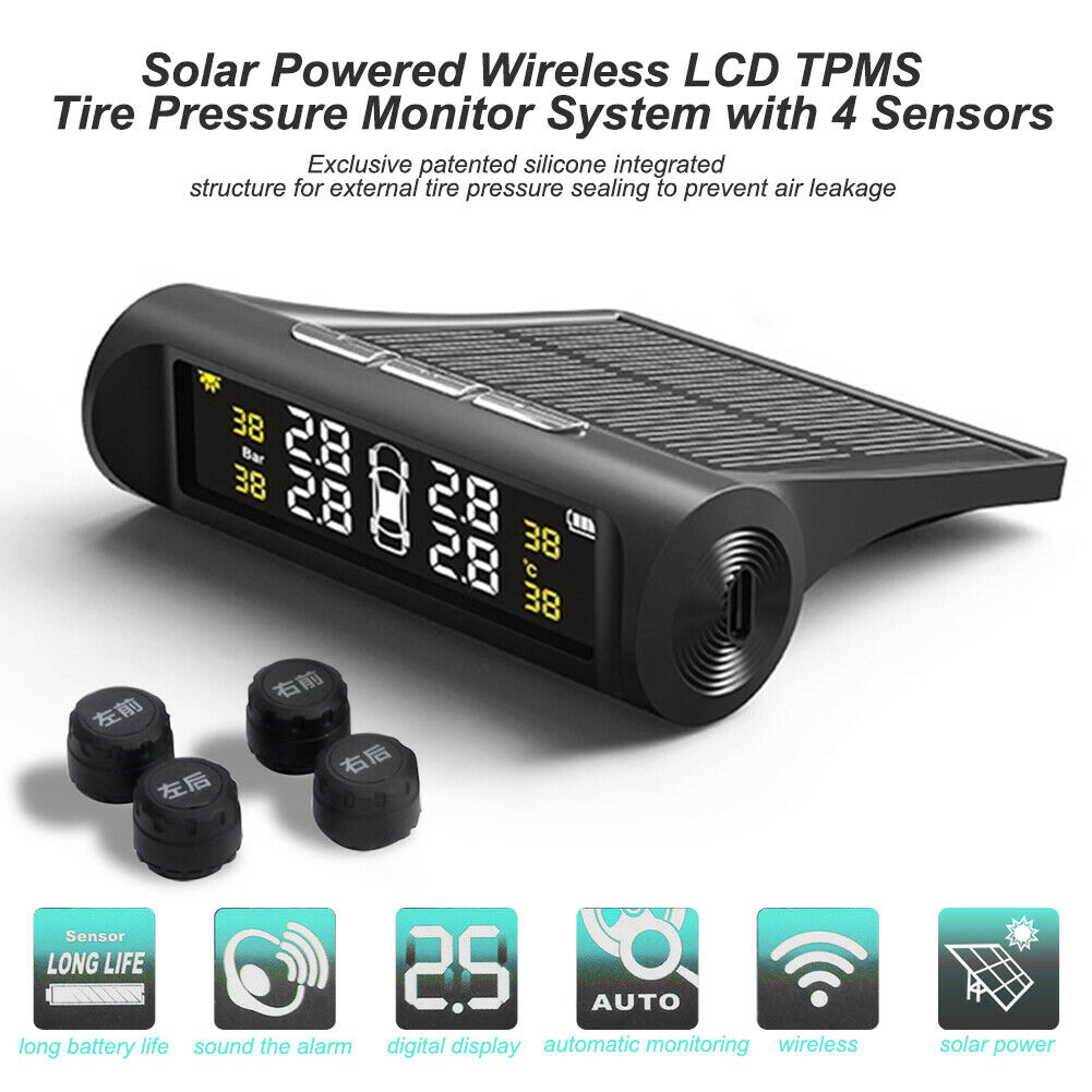 AN001 Solar Car TPMS LCD Tire Pressure Monitoring System w/ 4 External Sensors