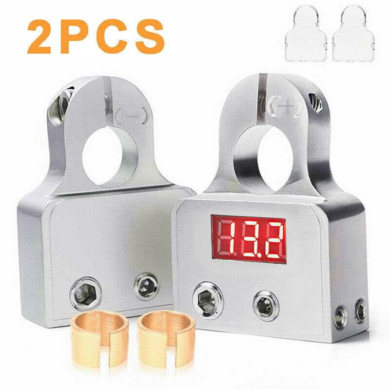 2pcs Digital Car Battery Terminal Connector + Voltmeter 0/4/8 AWG Power Post Kit