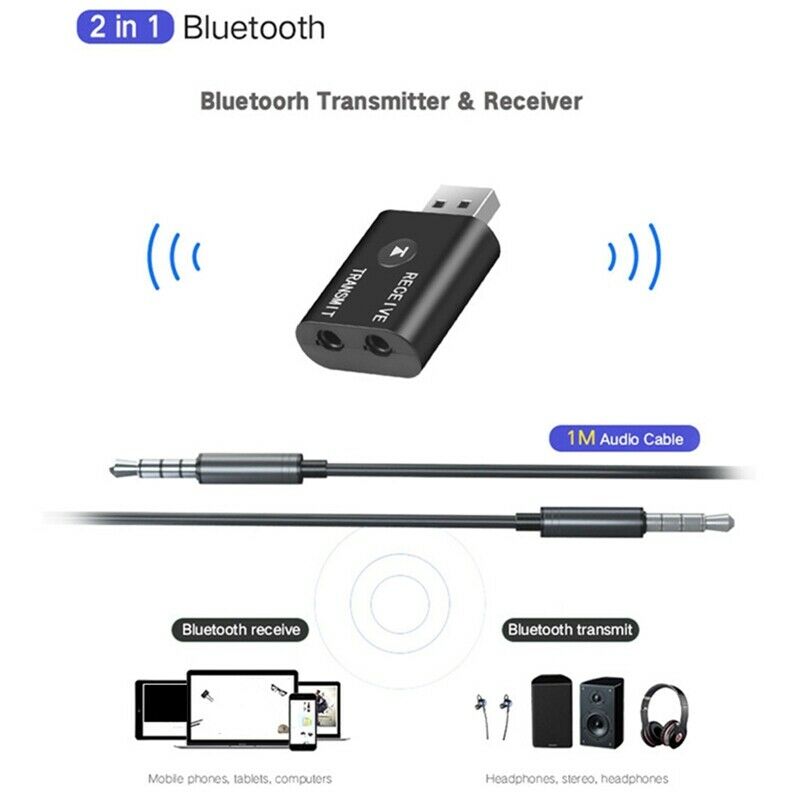 2Pcs Portable Bluetooth 5.0 Transmitter Receiver 3.5mm AUX USB Mini 2 in 1 WirY1