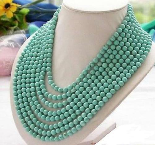 8row 6mm round green turquoise bead necklace 17-24â€AAA