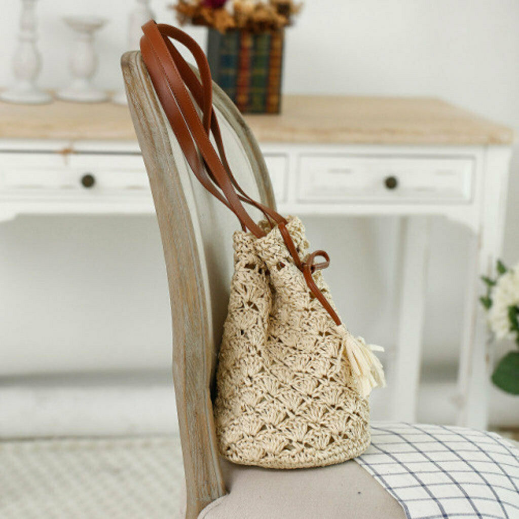 Ladies Handbag Drawstring Tote Straw Woven Purse Beach Shoulder Bag Beige