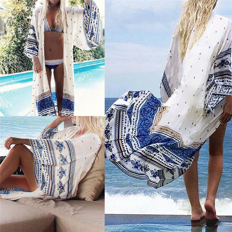 Women Summer Chiffon Bikini Cover Up Swimwear Bathing Suit Beach Dress Long 2 TL