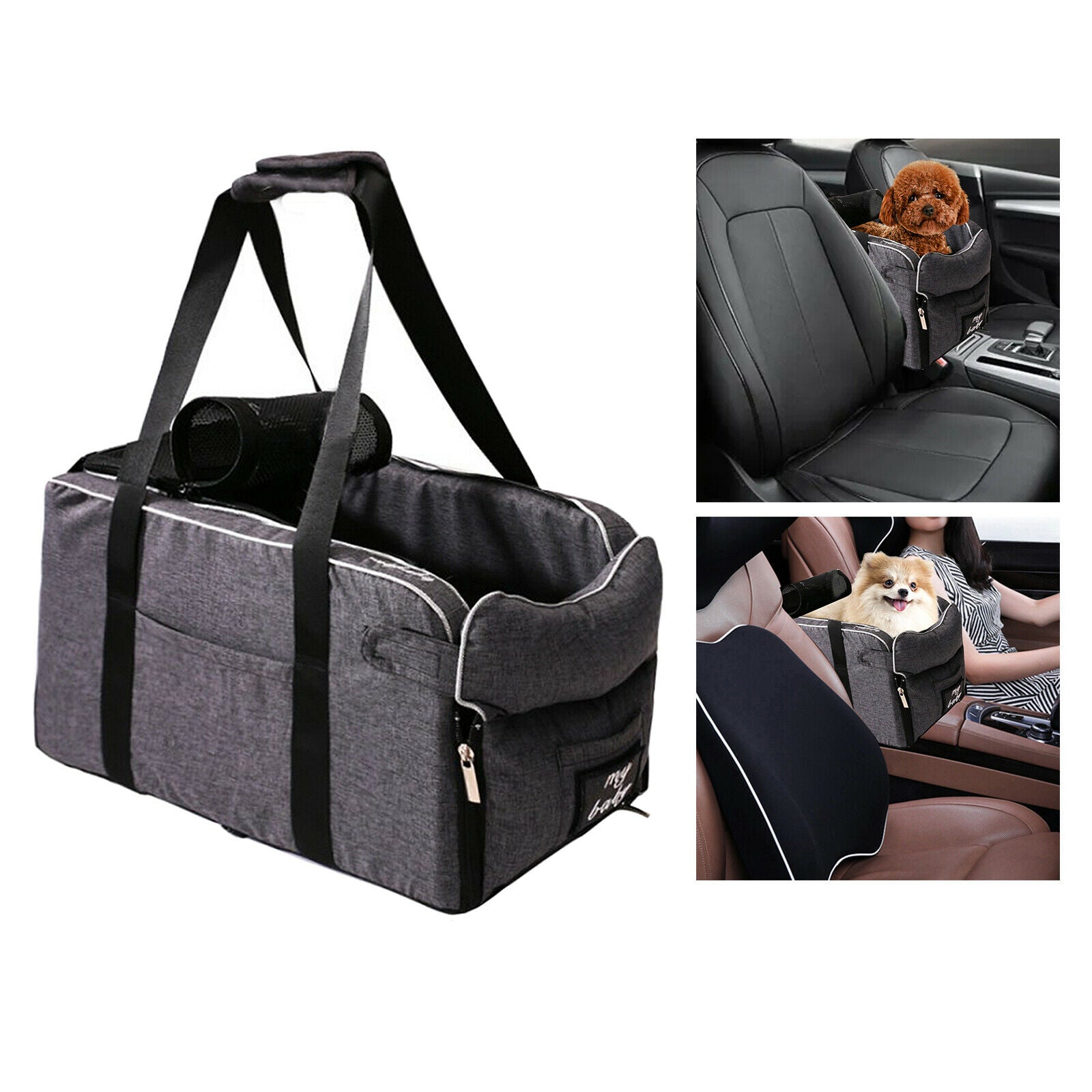 Dog Car Carrier Soft Pet Booster Seat Crate for Small Pets Car Armrest Cage Gray