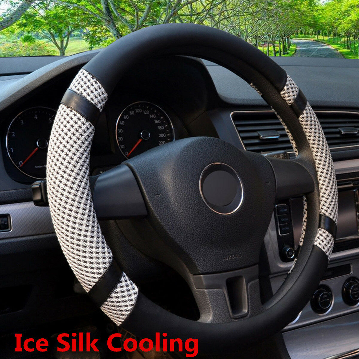 Universal Grey 38cm Microfiber Leather Ice Silk Cooling Car Steering Wheel Cover