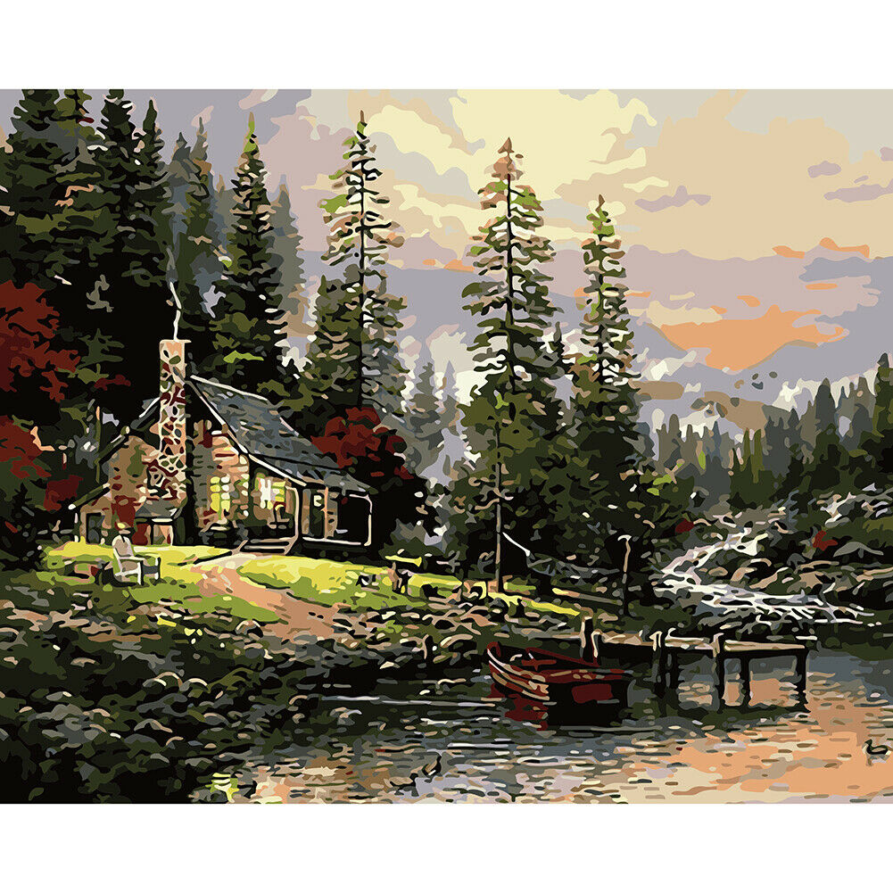 DIY Digital Oil Painting By Numbers Riverside Hut Canvas Acrylic Wall Art  @