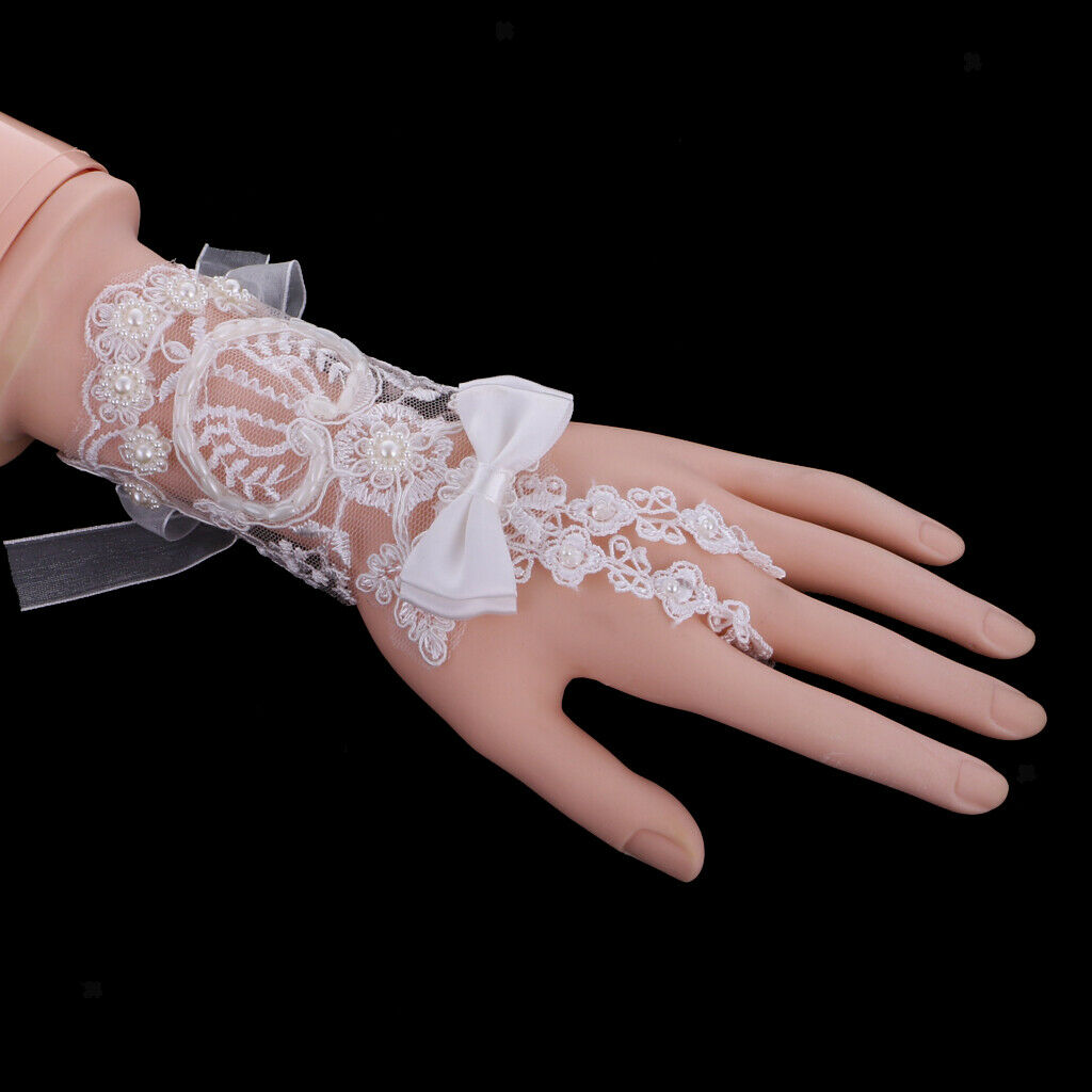 Pair Short Wedding Gloves Flower Lace Faux Beads Delicate Accessory Bridal Gown