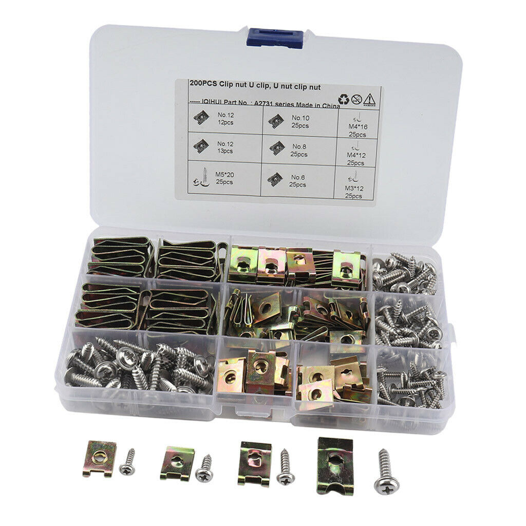 200x Assorted Spire Clips U Nuts Fasteners Clips M4x12, M4x16, Clips Set