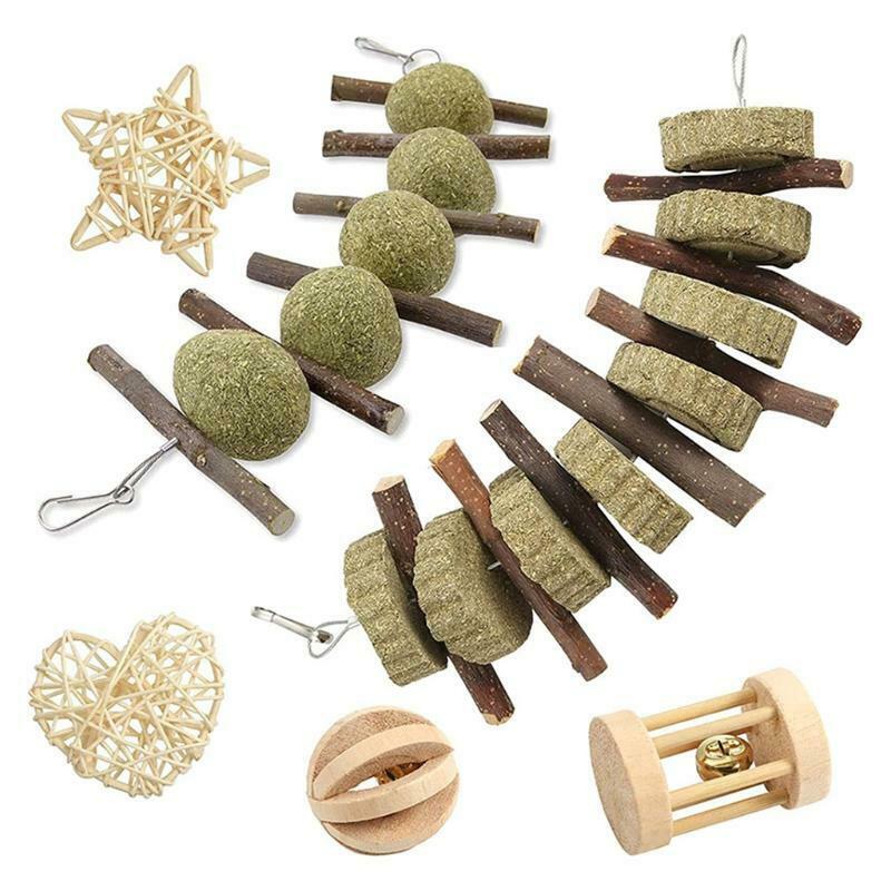 Wood Chew Toys Set Timothy Grass Hay Treat for Degu Bunny Cage Accessories