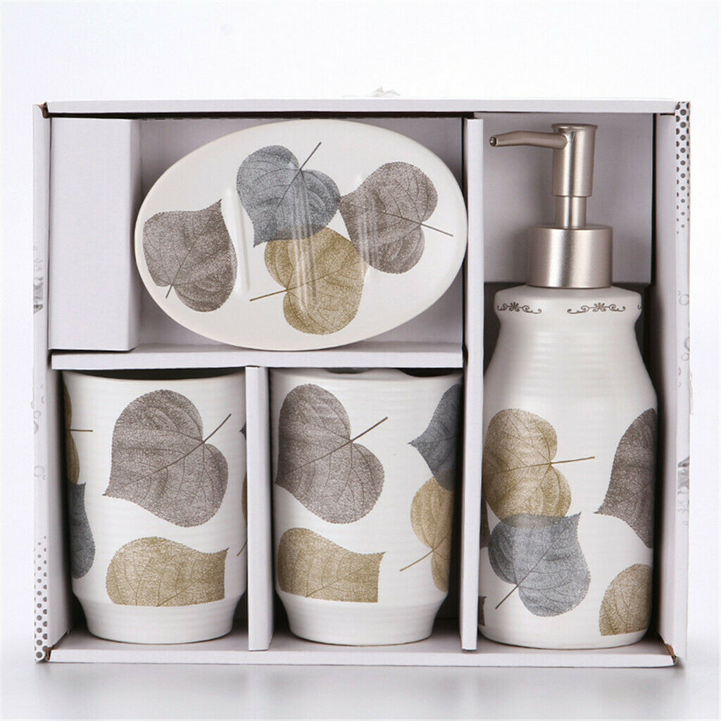 4 Pcs Autumn Leaves Bathroom Toothbrush Holder Tumbler Soap Dish White