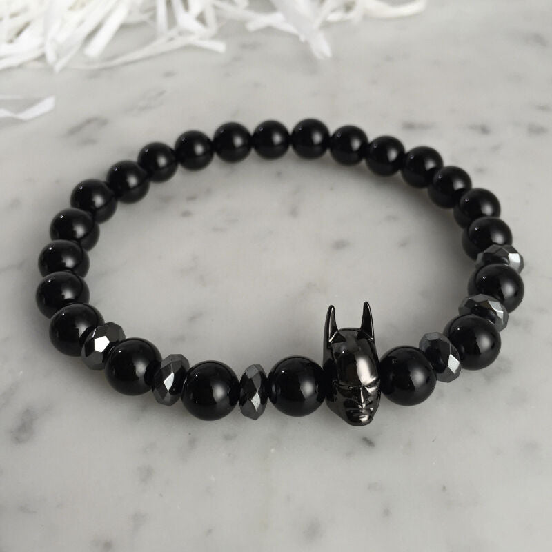 Charm Black Batman Bracelet Men 8mm Black Natural Onyx Round Male Bead Bracelets