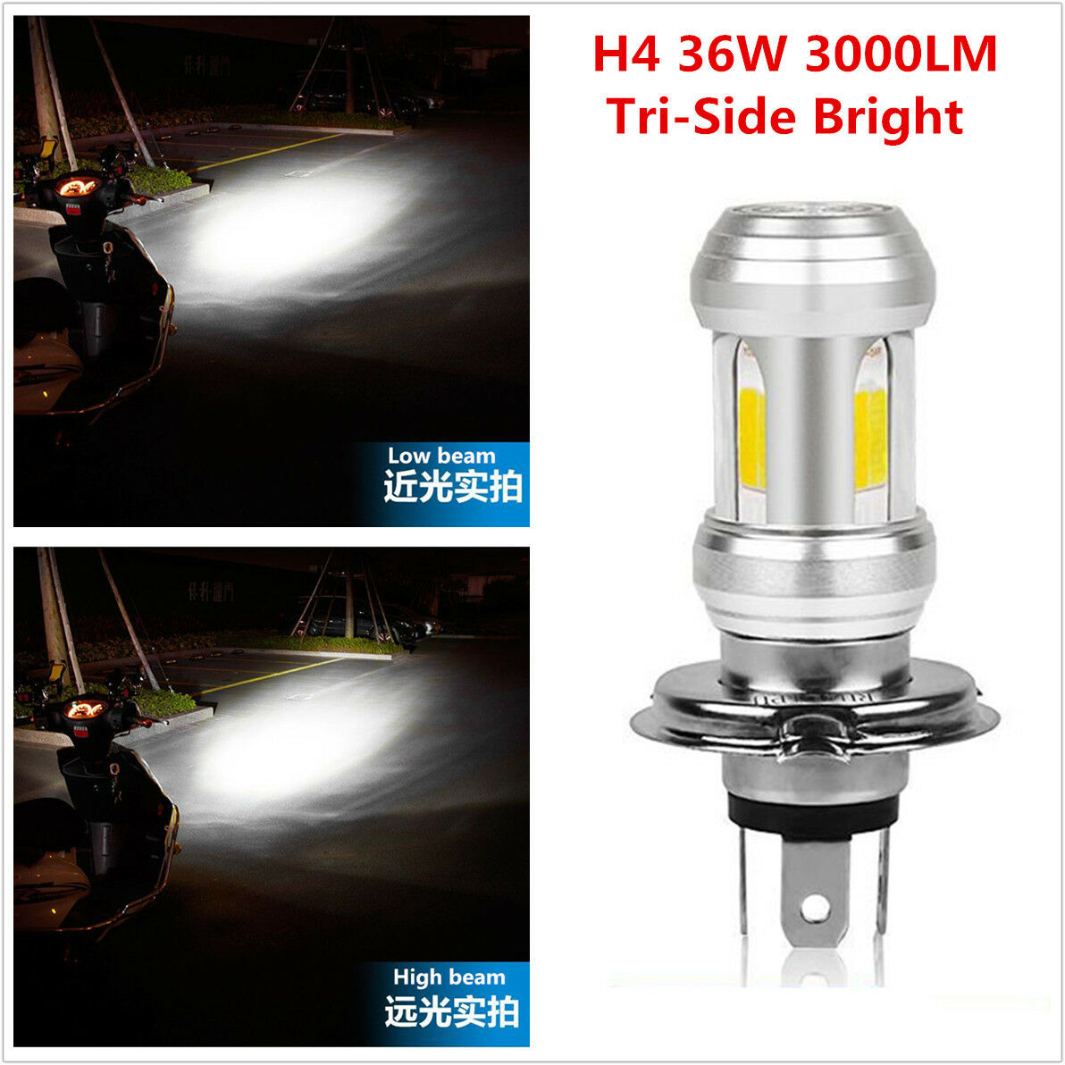 H4 36W 3000LM Tri-side Bright Motorcycle LED Headlight High-Low Beam Light 6500K