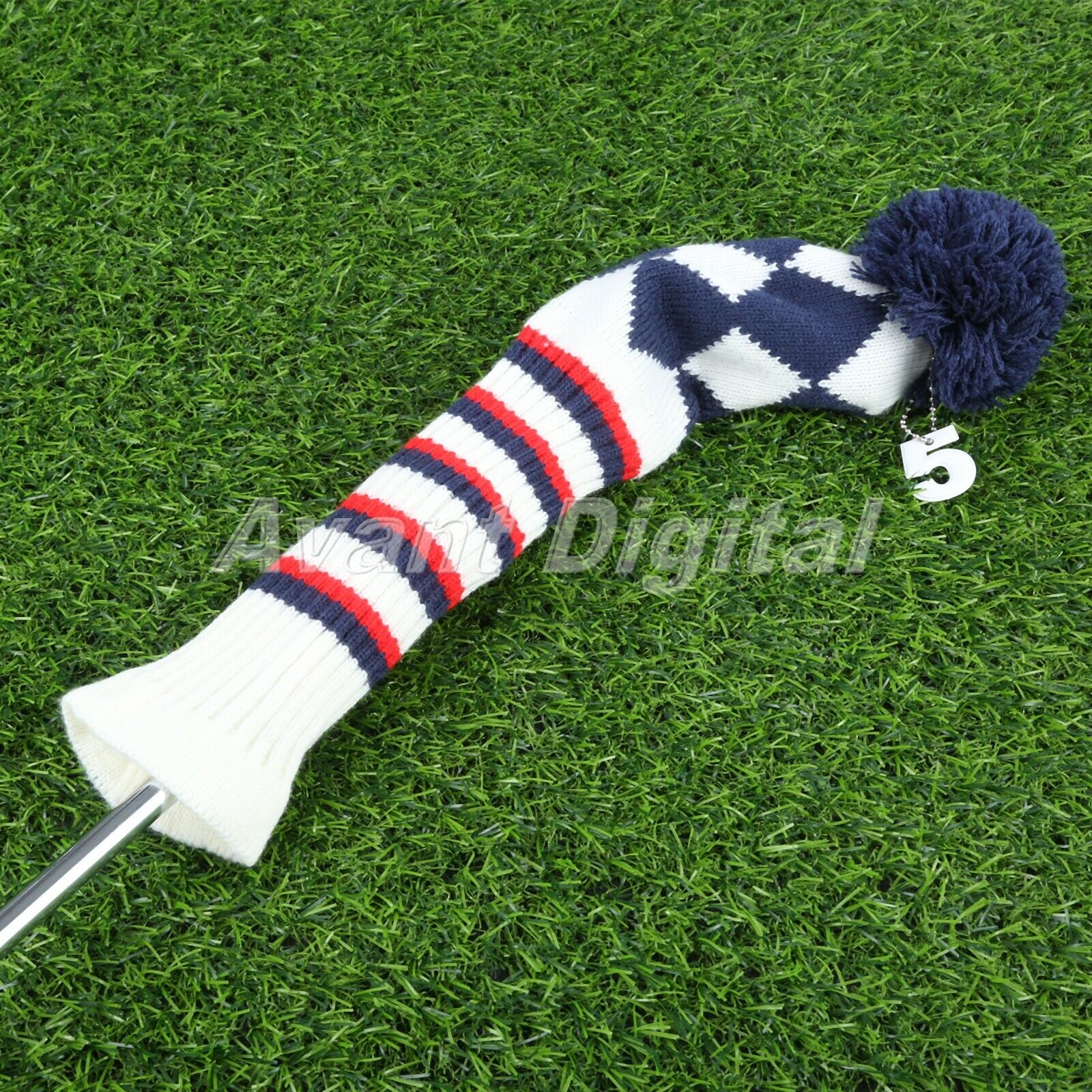 3Pieces Golf Head Covers Knitted Striped Pom Pom Soft Wood Protective Cover Case
