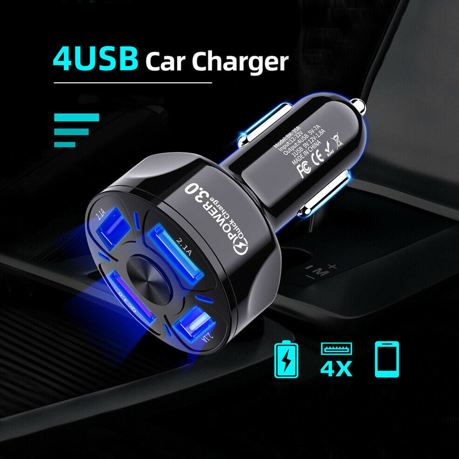 4-Port USB Car Charger Adapter LED Display QC3.0 Fast Good Adapter Charging
