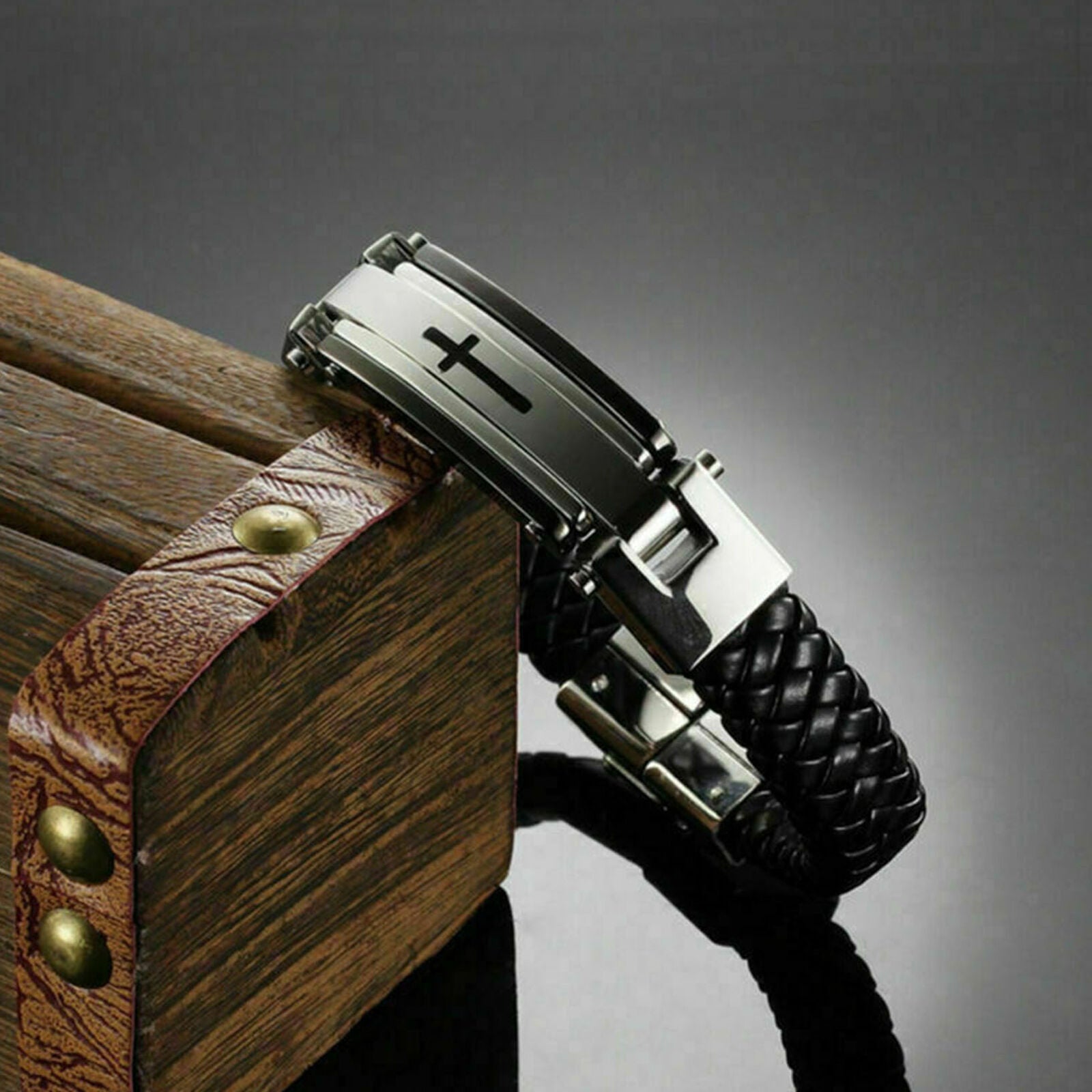Black Leather Braided Stainless Steel Cross Men's Charm Bracelet Wristband Cuff