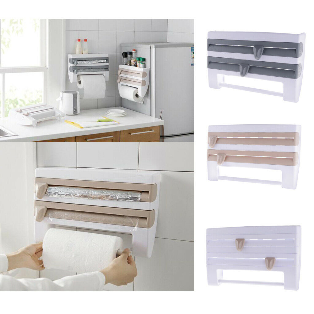 Kitchen Towel Foil 4-in-1 Roll Holder Cling Film Dispenser Wall Rack Brown
