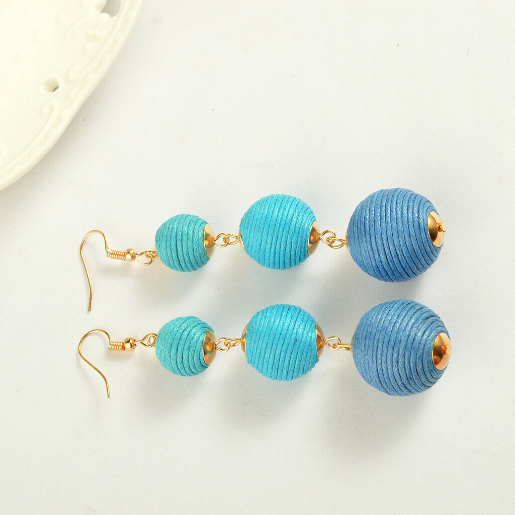 Handmade Women Multi Layer Balls Woolen Earrings Ear Hook Dangle Light Blue