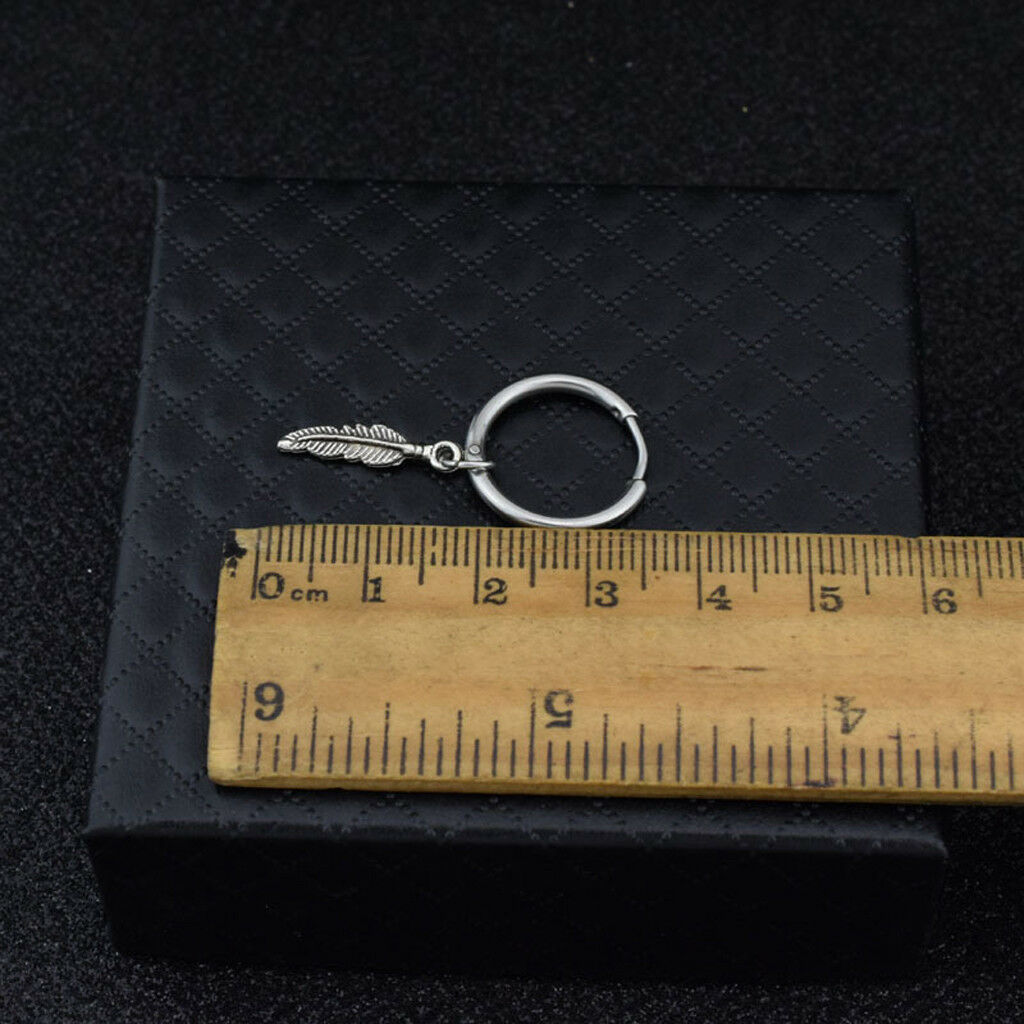Hip Hop Kpop Leaf Titanium Pendant Feather Hoop Earrings Korean Jewelry