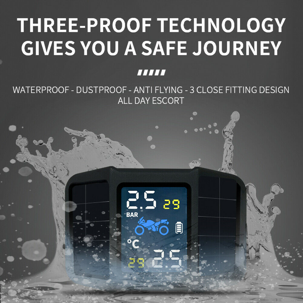 Motorcycle Tire Pressure Monitoring System TPMS Solar Power w/ 2 External Sensor