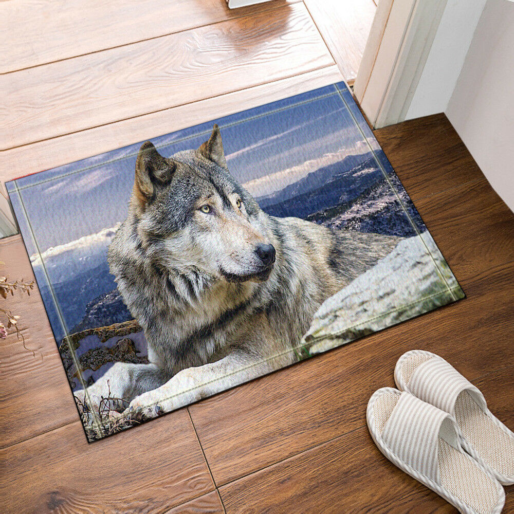 Wolf On Stone Wildlife Bathroom Rug Non-Slip Floor Rug Front Door Mat 16x24"
