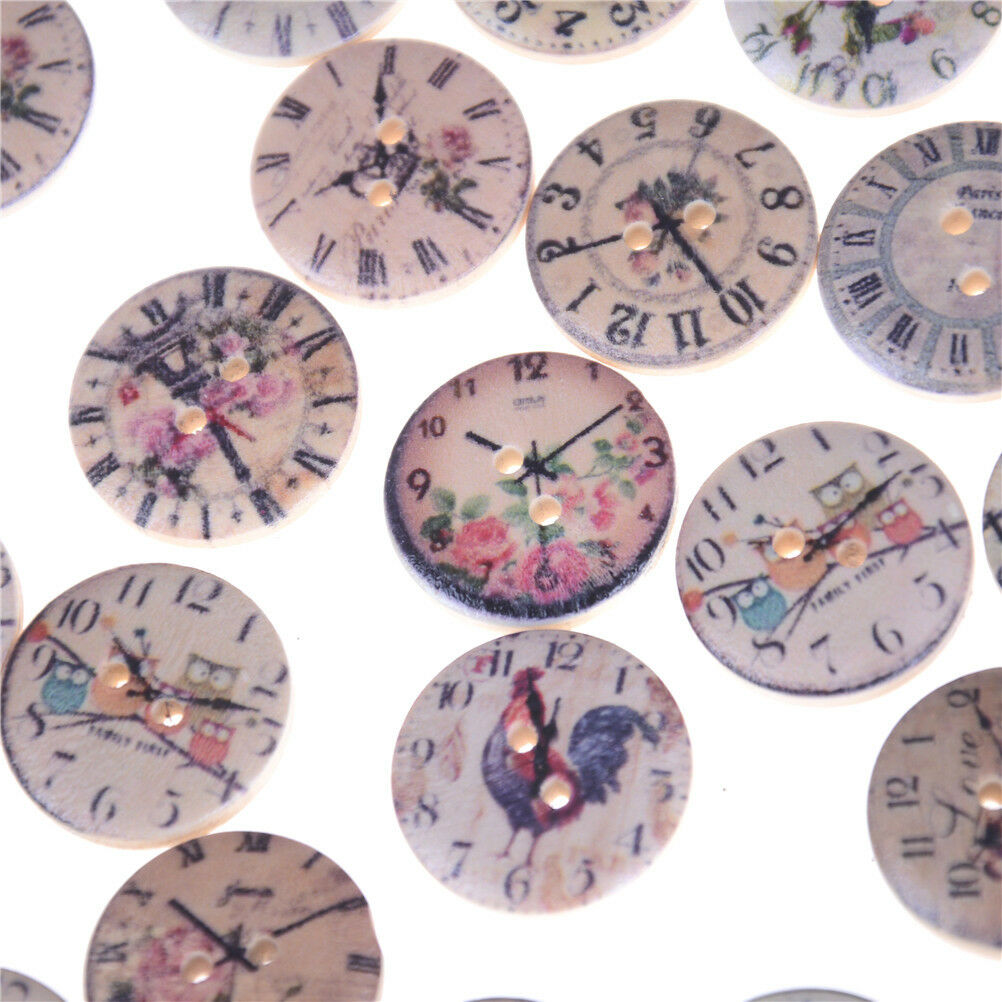 50pcs/set Retro Clocks Woodens Buttons 2Holes Painted Mini Wooden Buttons Cra SJ
