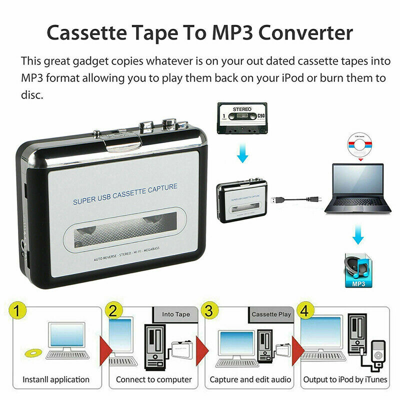 Portable USB Cassette Tape-To-MP3 Converter Capture HiFi Audio Music Player Fx