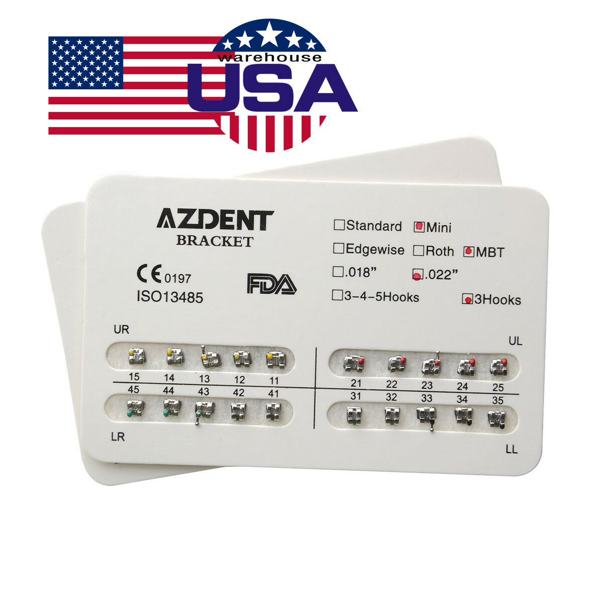 20 Packs Dental Metal Brackets Mini MBT Slot.022" 3 Hooks Orthodontics Braces
