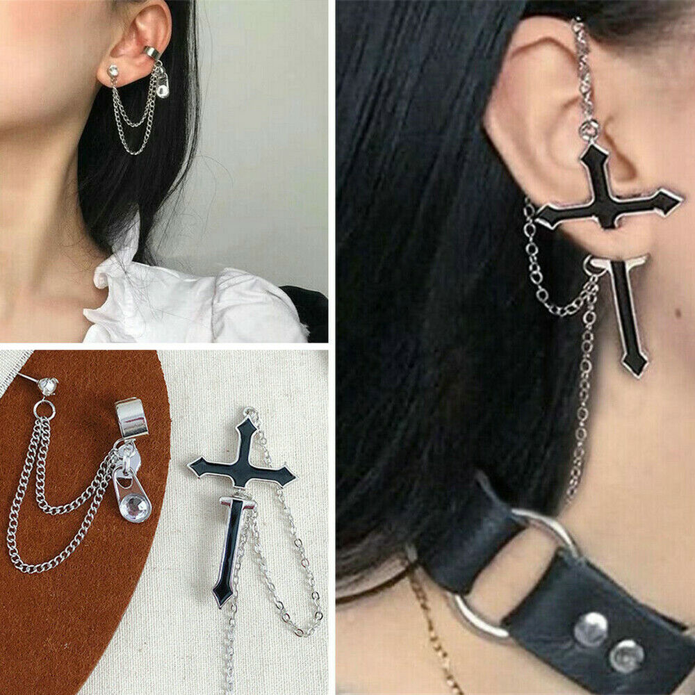 Goth Punk Rock Black Cross Chain Wrap Cuff Earrings Jewelry Piercing Required AU