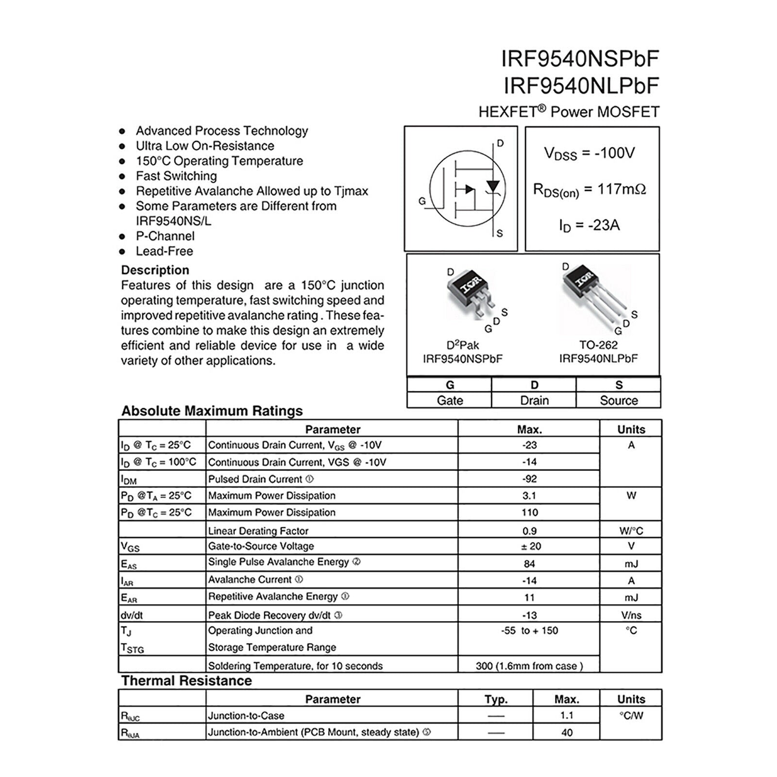 2Pcs IRF9540NSTRLPBF TO-263-3 Transistor P-Channel -100V/-23A SMD Power MOSFET