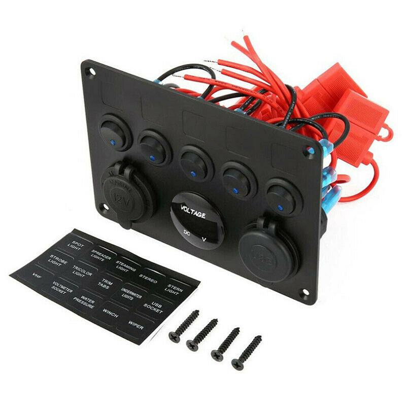 5 Gang Switch Panel 12V/24V Car Boat Marine Blue LED Rocker Breaker ControlsBDA