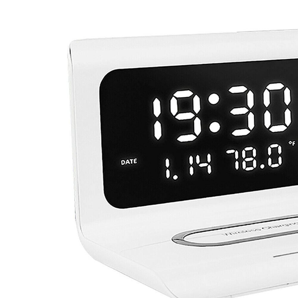 Multifunctional Alarm Clock Wireless Charger LED Display Digital Clock White