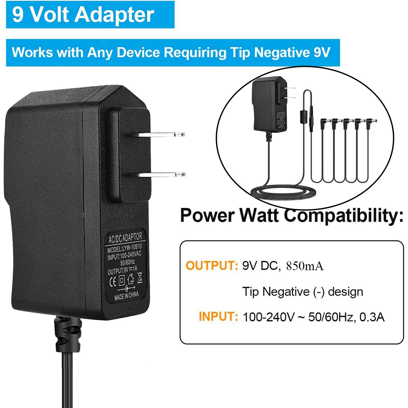 9V Power Adapter for Electric Guitar Effects Pedal Tip Negative 5 Way 6.6ft