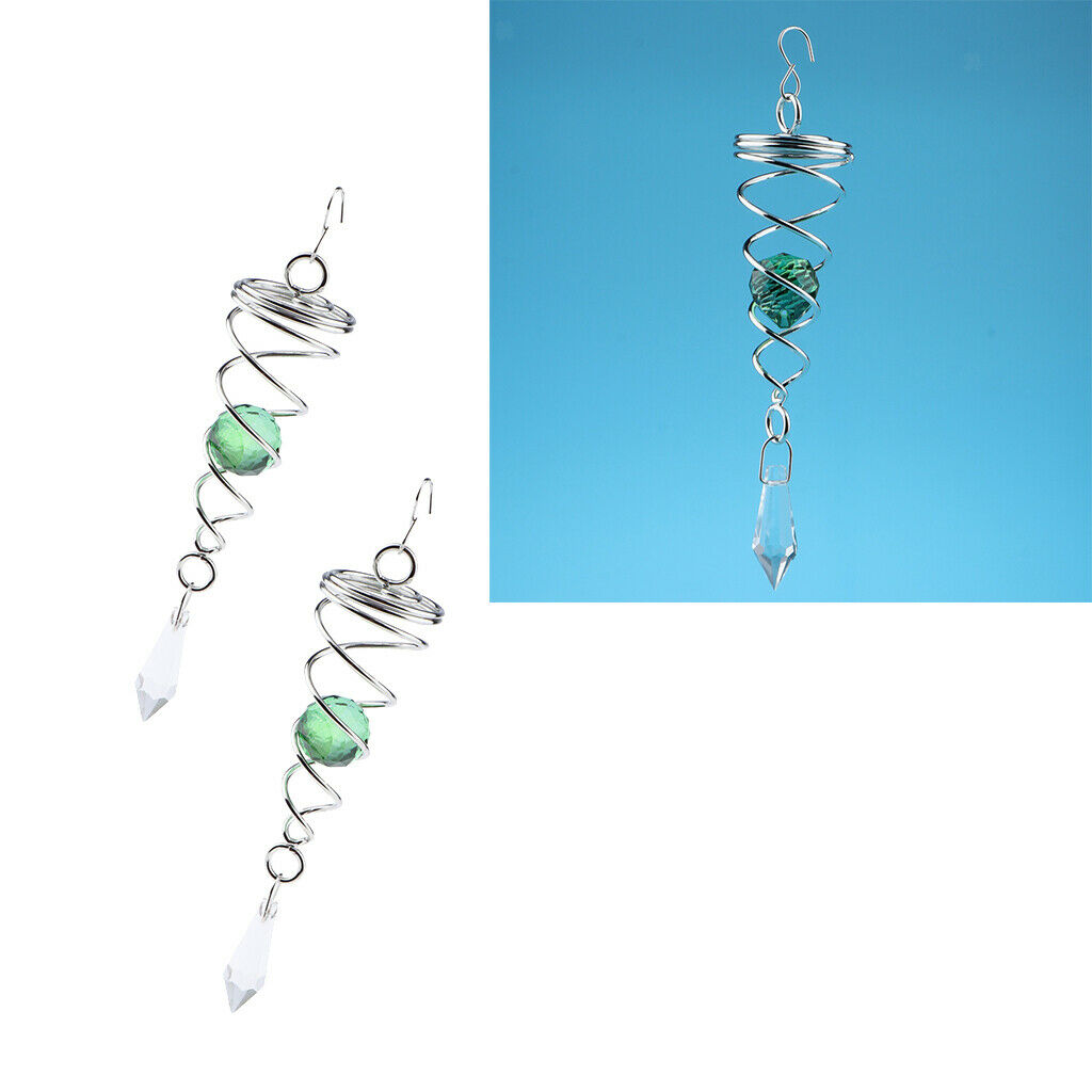 2 Pieces Metal Crystal Spiral Wind Spinner for Indoor Outdoor Green