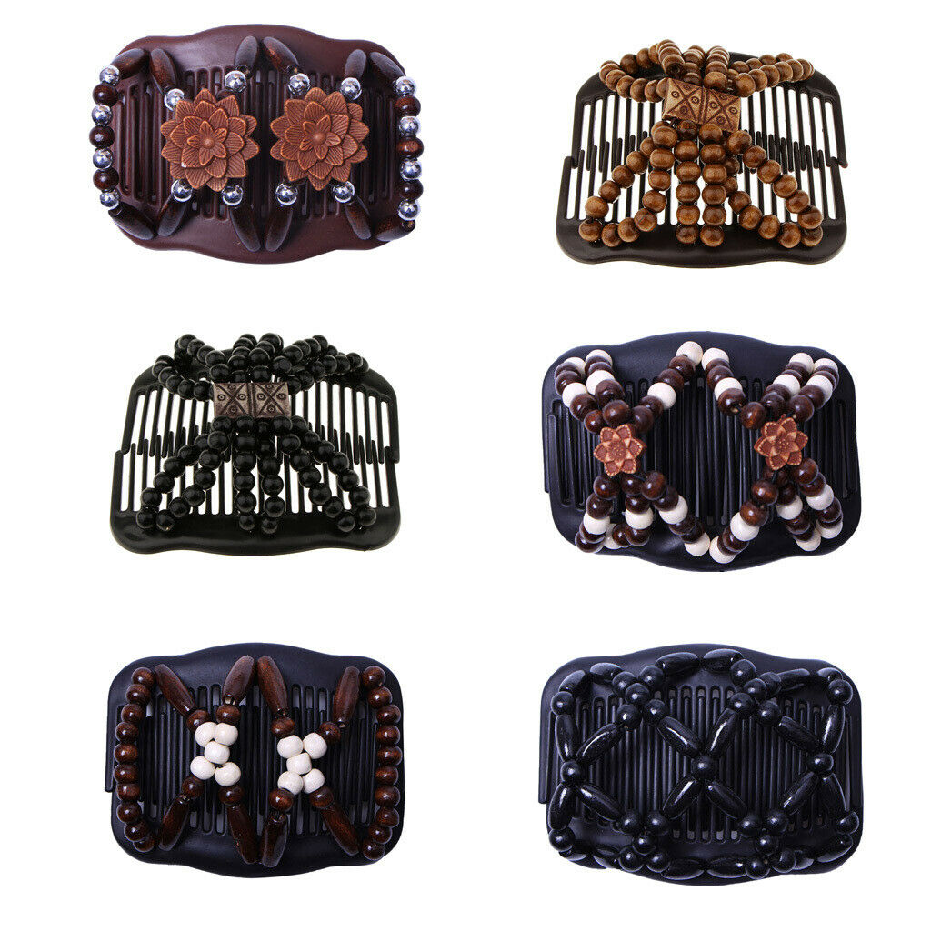 6pcs Double Side Wooden Bead Hair Slide Comb Clip Elastic Hair Accessories