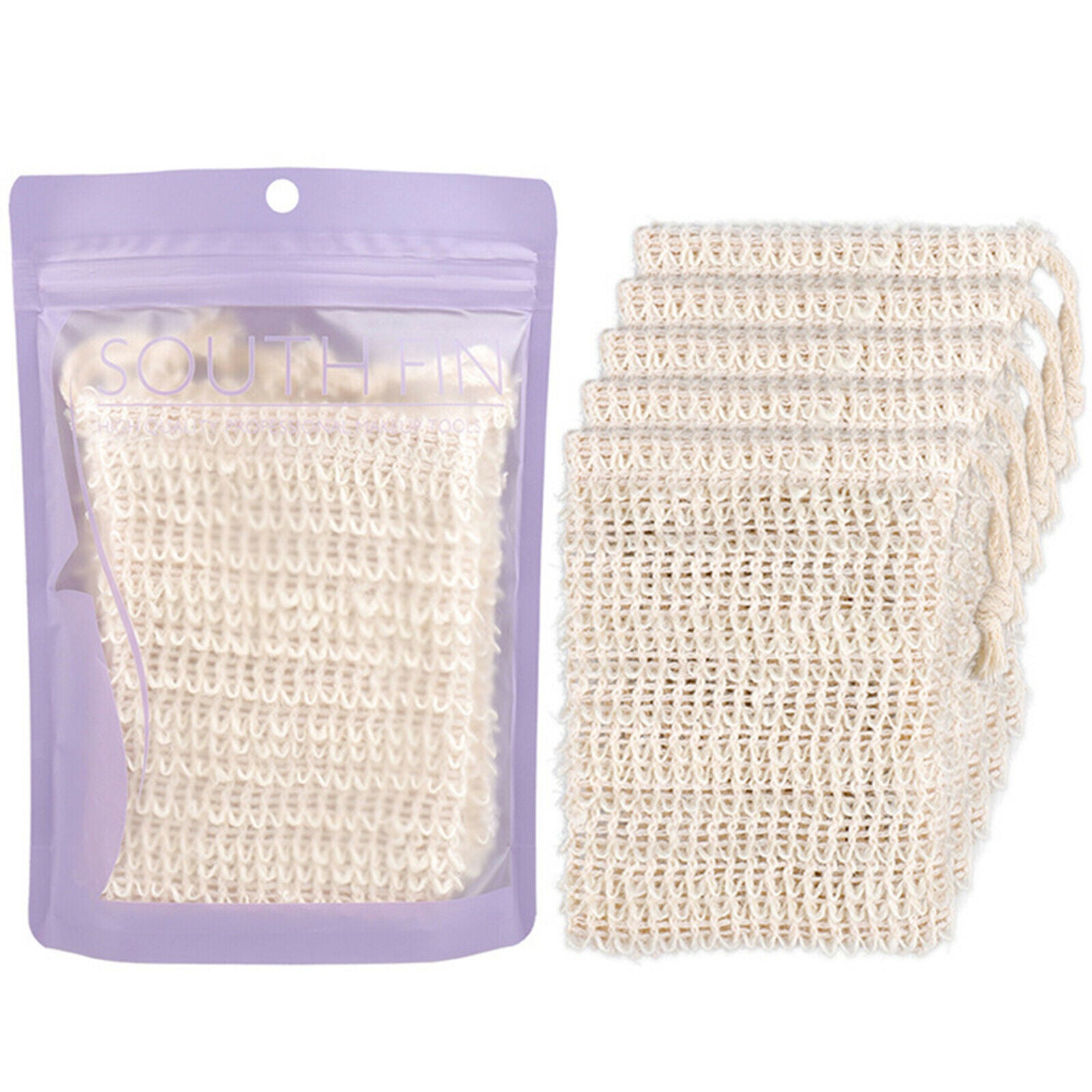 5x Natural Ramie Soap Holder Bag with Drawstring Hand Made for Bath & Shower