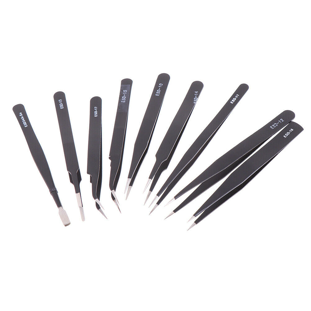 9Pcs Stainless Steel Precision Black Straight Curved Pointed Tweezers 1.5Mm Anti