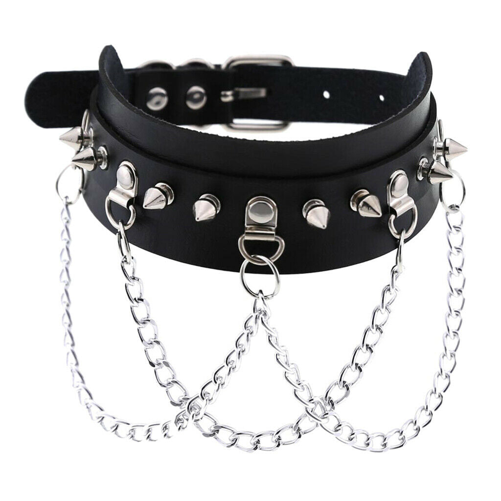 2Pcs Pu Leather Choker Collar Women Men Studs Chains Necklace Rock Jewelry